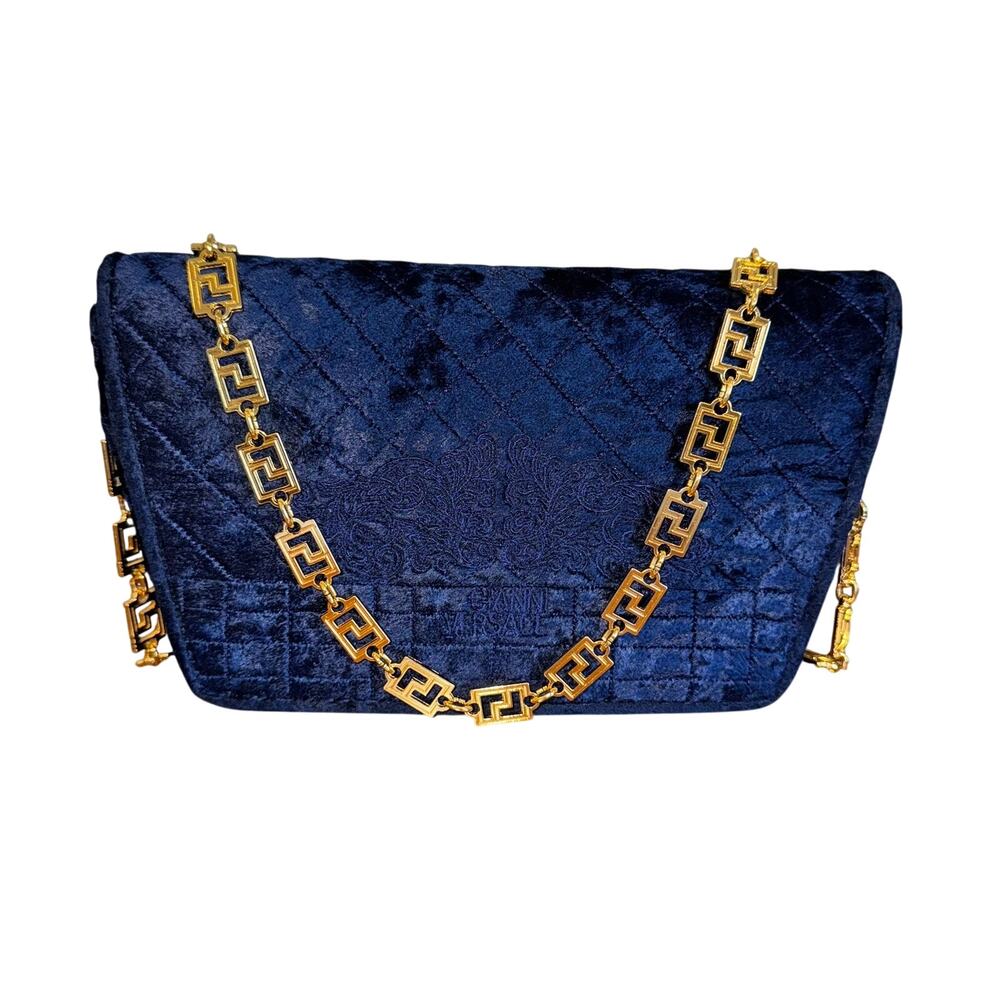 Very Rare Vintage Gianni Versace Blue Velvet Gold Chain Bag Italy